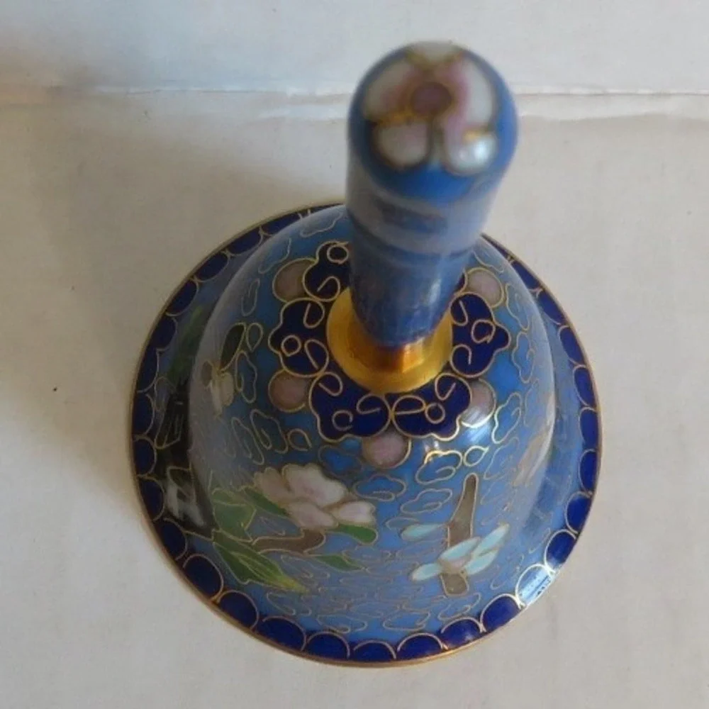 Vintage Cloisonne Enamel Hand Bell Blue Floral Butterfly Chinoiserie 3.5 Inch